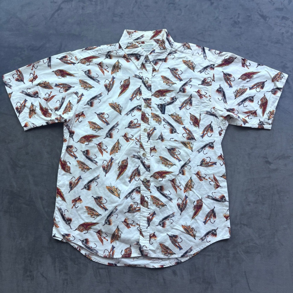 Columbia Vintage Fly Fishing Lure Print Short Sleeve Button Up Shirt Mens Medium